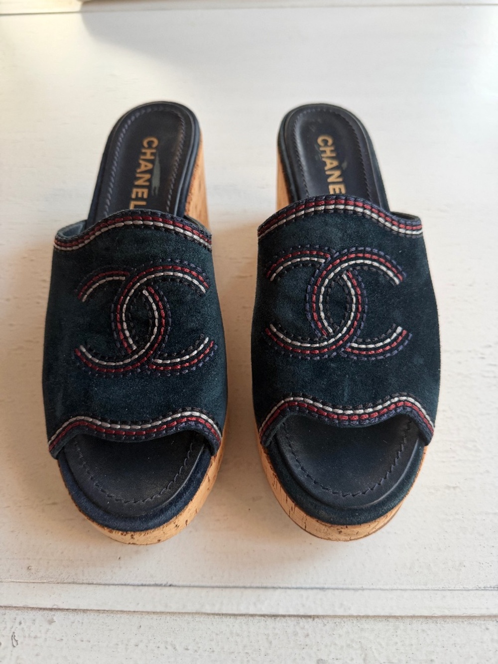 Chanel navy suede wedges